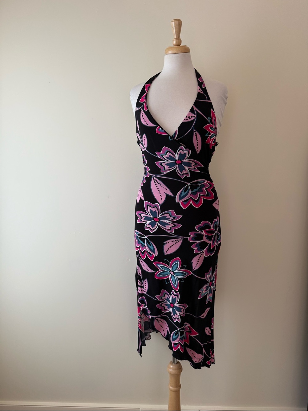 Bebe Y2K Floral Halter Midi Dress | Stretch | Asymmetrical Hem